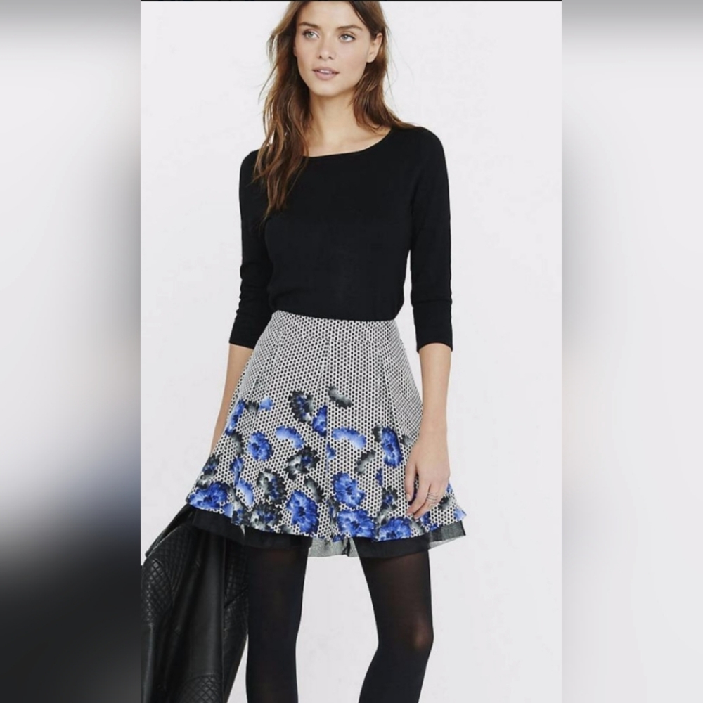 Express Skirt Black White Blue Floral Polka Tulle Mini Layered Spring Small 0